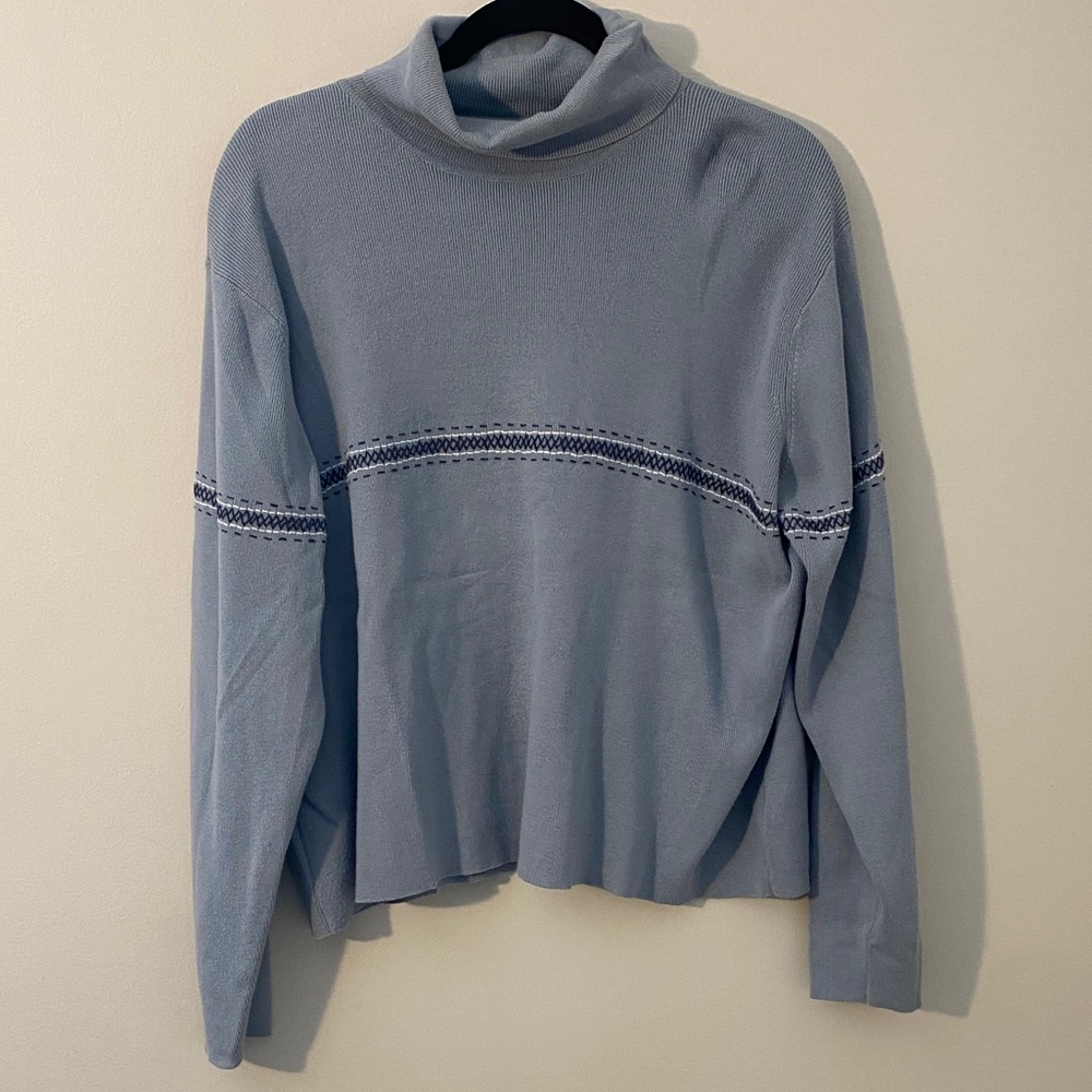 Vintage Eddie Bauer Pale Blue Turtleneck Sweater with Navy Embroidery
